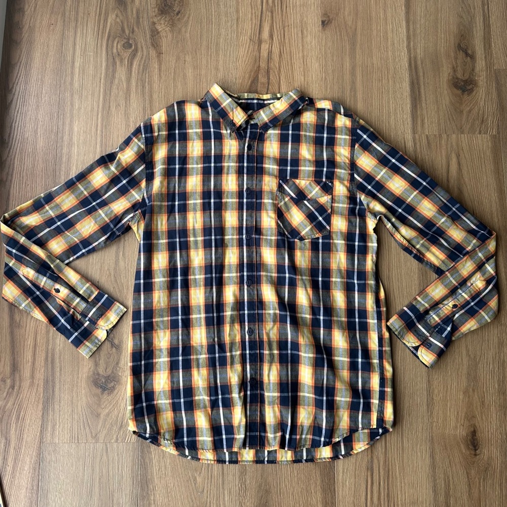 Levis Mens Large Plaid Button Down Shirt Long Sleeve Orange Navy 3LYLW6572